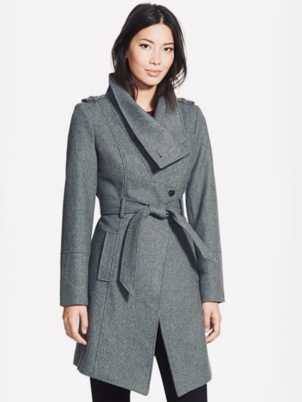 GUESS, Asymmetric Wool  Belted Trench Coat in Gray, Size Small
